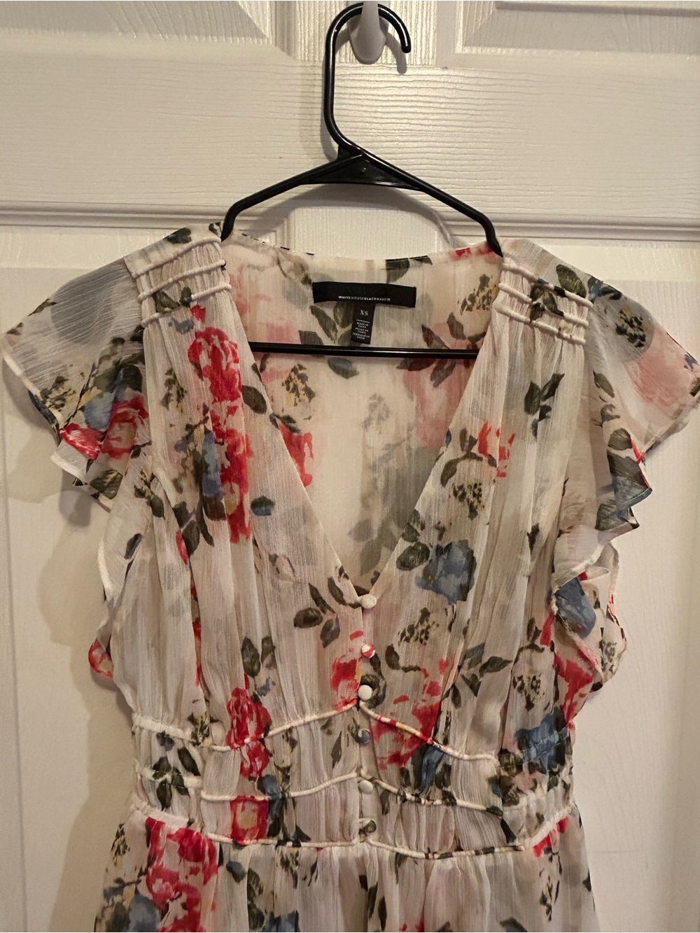 White House Black Market Cream Floral V-Neck Ruffle Blouse